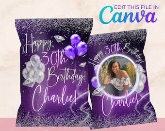Purple Customizable Birthday Chip Bag + Party Favor with Photo Canva Template