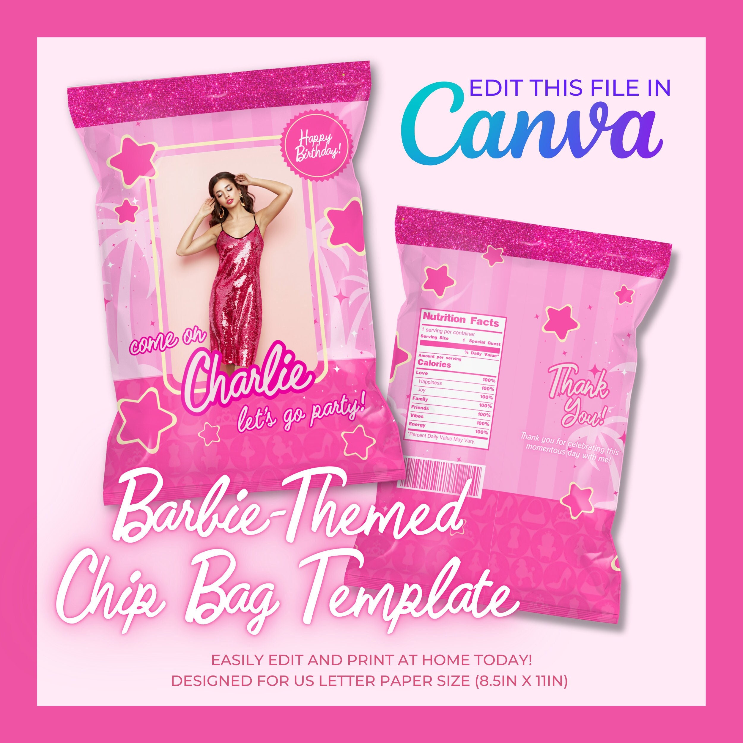 12 Personalized BARBIE Chip Candy Treat Bags Party Favors Printed or   Edible Toppers  More