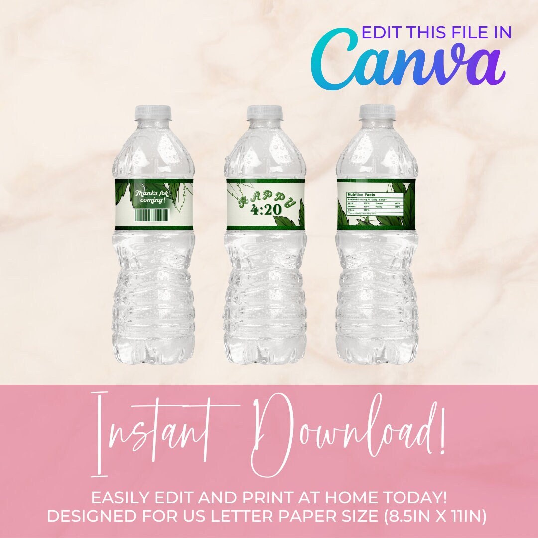 Customizable 420 Weed Cannabis Water Bottle Label Party Favor Canva ...