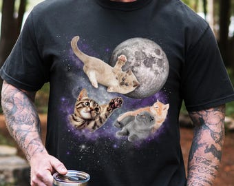 Cat Meme Shirt Three Cats Retro 90s Moon Graphic T-Shirts Weirdcore Kitten TShirt Weird Stuff For Cat Lovers Funny Cat Dad Tee Bootleg Shirt