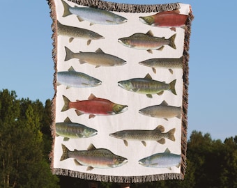 Fisherman Aesthetic Woven Blanket Lake Blanket Rustic Decor Hunting Fishing Gifts For Men Lake House Cottage Décor Sockeye Salmon Pike Gift