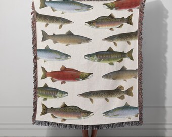 Fisherman Aesthetic Woven Blanket Lake Blanket Rustic Decor Hunting Fishing Gifts For Men Lake House Cottage Décor Sockeye Salmon Pike Gift