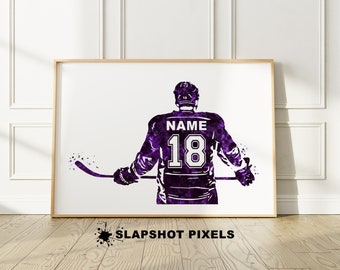 Regalos de hockey para niños, póster de hockey personalizado, acuarela de jugador de hockey, camiseta de hockey personalizada, arte de pared para mamá de hockey, morado