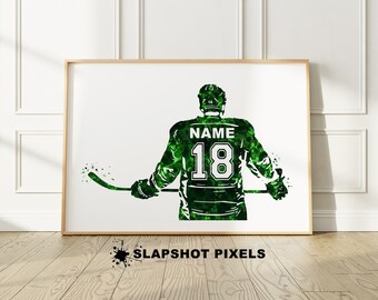 Regalos personalizados de jugador de hockey, arte de acuarela, arte de pared para mamá de hockey, regalos de hockey, camiseta de hockey personalizada, impresiones para dormitorio de niño y adolescente, verde