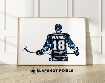 Arte de acuarela de jugador de hockey personalizado / Arte de pared para mamá de hockey / Regalos de hockey / Camiseta de hockey personalizada / Impresiones para dormitorio de niño y adolescente / Azul