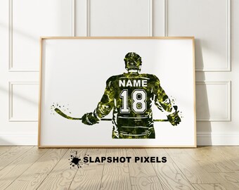 Arte de acuarela de jugador de hockey personalizado / Arte de pared para mamá de hockey / Regalos de hockey / Camiseta de hockey personalizada / Impresiones para dormitorio de niño y adolescente / Amarillo