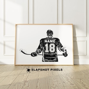 Personalized Hockey Player Gifts Watercolor Art, Hockey Mom Wall Art, Hockey Gifts, Custom Hockey Jersey, Boy, Teen Bedroom Prints,  Black