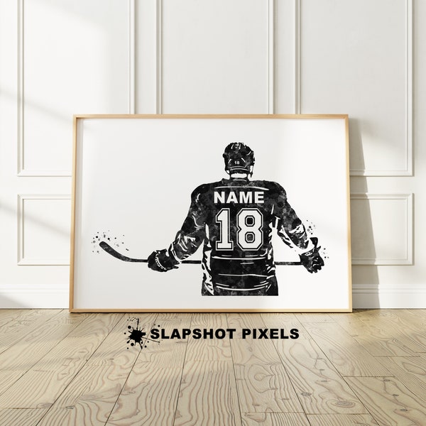 Personalized Hockey Player Gifts Watercolor Art, Hockey Mom Wall Art, Hockey Gifts, Custom Hockey Jersey, Boy, Teen Bedroom Prints,  Black