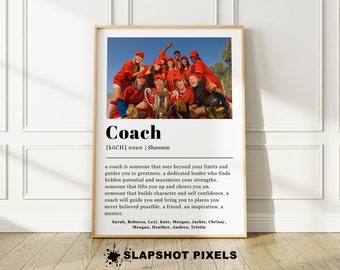May include: A printable definition of the word "Coach" with a photo of a group of young people in red baseball uniforms holding a trophy. The text reads: "Coach [kōCH] noun | Shannon A coach is someone that sees beyond your limits and guides you to greatness. A dedicated leader who finds hidden potential and maximizes your strengths. Someone that lifts you up and cheers you on. Someone that builds character and self confidence. A coach will guide you and bring you to places you never believed possible. A friend, an inspiration, a mentor. Sarah, Rebecca, Lexi, Kate, Morgan, Jackie, Chrissy, Meagan, Heather, Andrea, Tristin"