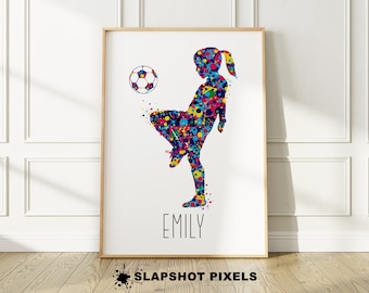 パーソナライズされたサッカーポスター、女の子向けのサッカーギフト、サッカーアートプリント、サッカールームデコレーション、サッカーウォールアート、フットボールプリント、サッカープリント