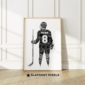 Personalized hockey poster with custom name and number on the hockey jersey. Perfect hockey gifts for boys, hockey team gifts, hockey coach gift, hockey bedroom decor, gifts for teens from a hockey mom.