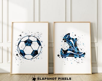 2er Set Fußball Drucke Fußball und Fußballschuhe, 2er Set Fußball Poster, Fußball Dekor Geschenke, Fußball Mutter Geschenke für Kinder Teenager, blau