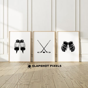 Set of 3 Hockey Posters, Hockey Gifts, Hockey Player 3 Piece Wall Art, Hockey Nursery Decor, Hockey Mom Gift, Hockey Skates Sticks Gloves