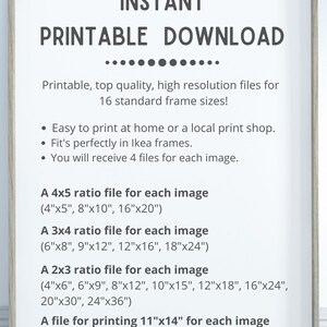 Może przedstawiać: Biały plakat w ramie z tekstem "INSTANT PRINTABLE DOWNLOAD" w kolorze czarnym. Plakat zawiera listę r&oacute;żnych rozmiar&oacute;w obraz&oacute;w do druku, w tym proporcje 4x5, 3x4 i 2x3. Plakat zawiera r&oacute;wnież plik do drukowania 11x14 cali dla każdego obrazu. Plakat pochodzi od "SLAPSHOT PIXELS".
