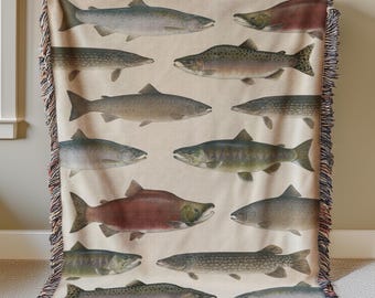 Fisherman Aesthetic Woven Blanket Lake Blanket Rustic Decor Hunting Fishing Gifts For Men Lake House Cottage Décor Sockeye Salmon Pike Gift
