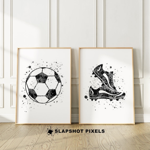 Set Of Two Soccer Prints Soccer Ball and Soccer Shoes, Set of 2 Soccer Posters Set, Soccer Decor Gifts, Soccer Mom Gifts For Kids Teen, Blk