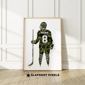 Personalized hockey poster with custom name and number on the hockey jersey. Perfect hockey gifts for boys, hockey team gifts, hockey coach gift, hockey bedroom decor, gifts for teens from a hockey mom.