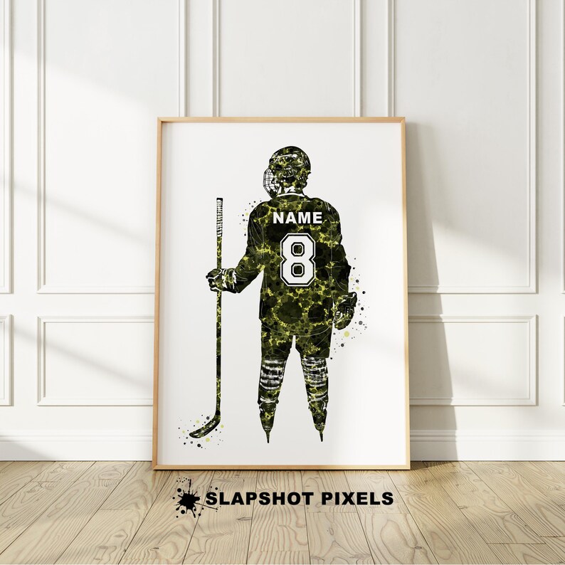 Personalized hockey poster with custom name and number on the hockey jersey. Perfect hockey gifts for boys, hockey team gifts, hockey coach gift, hockey bedroom decor, gifts for teens from a hockey mom.