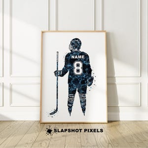 Personalized hockey poster with custom name and number on the hockey jersey. Perfect hockey gifts for boys, hockey team gifts, hockey coach gift, hockey bedroom decor, gifts for teens from a hockey mom.