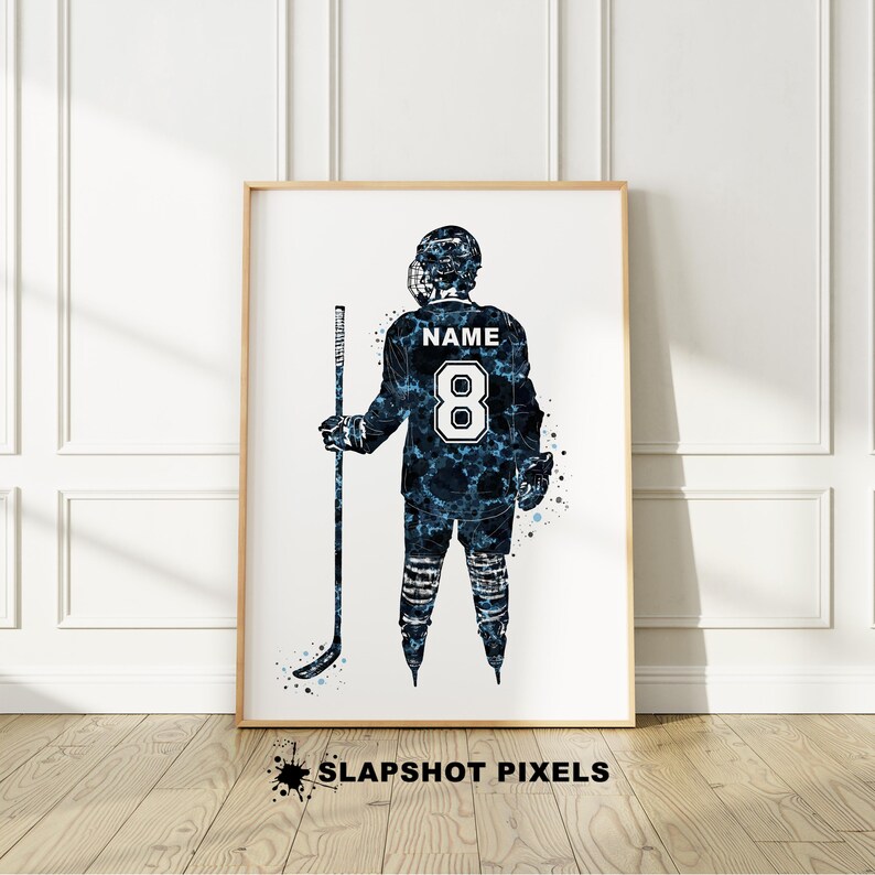 Personalized hockey poster with custom name and number on the hockey jersey. Perfect hockey gifts for boys, hockey team gifts, hockey coach gift, hockey bedroom decor, gifts for teens from a hockey mom.