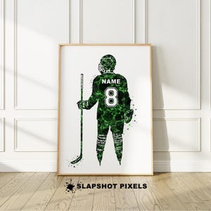 Personalized hockey poster with custom name and number on the hockey jersey. Perfect hockey gifts for boys, hockey team gifts, hockey coach gift, hockey bedroom decor, gifts for teens from a hockey mom.