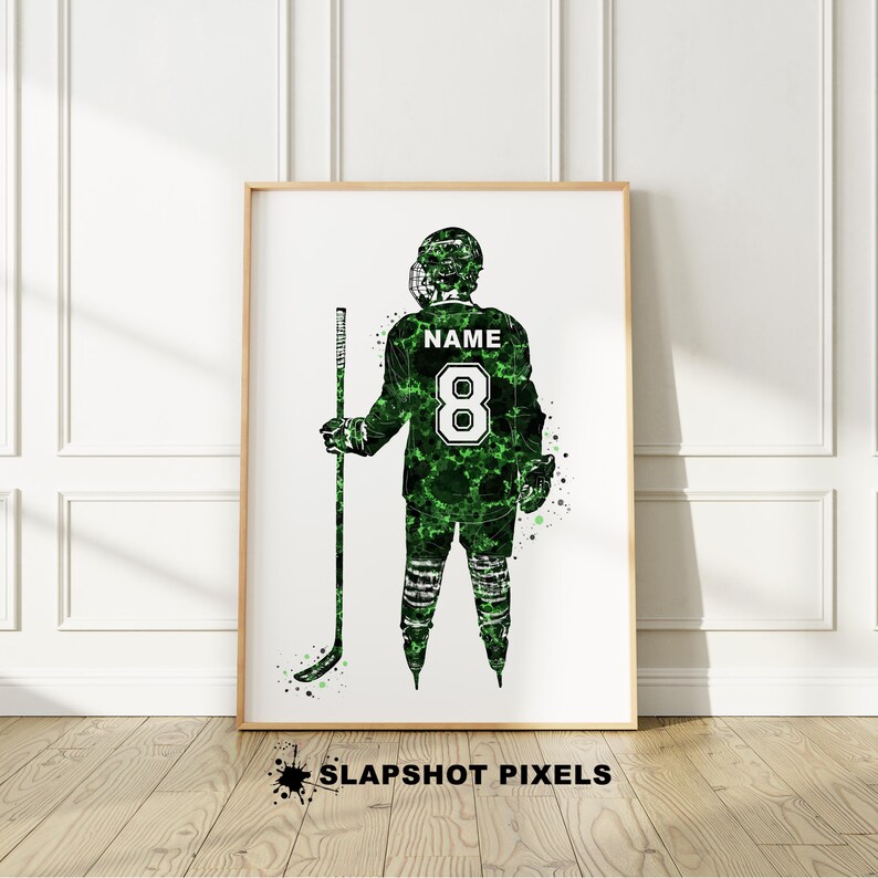Personalized hockey poster with custom name and number on the hockey jersey. Perfect hockey gifts for boys, hockey team gifts, hockey coach gift, hockey bedroom decor, gifts for teens from a hockey mom.