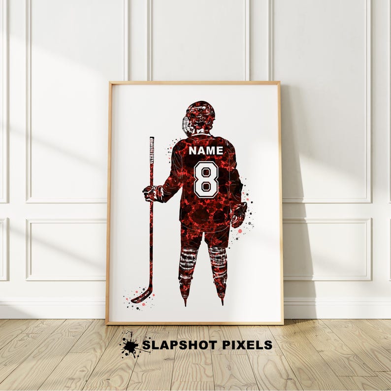 Personalized hockey poster with custom name and number on the hockey jersey. Perfect hockey gifts for boys, hockey team gifts, hockey coach gift, hockey bedroom decor, gifts for teens from a hockey mom.