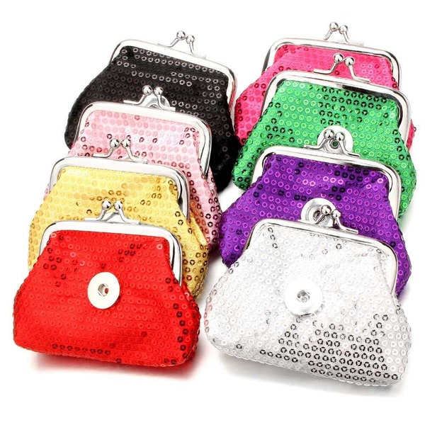 Snap Jewelry Coin Purse, 4in X 3in Sequin Ginger Charm Wallet, Fits 18MM 20MM Snap-On Interchangeable Charm Buttons