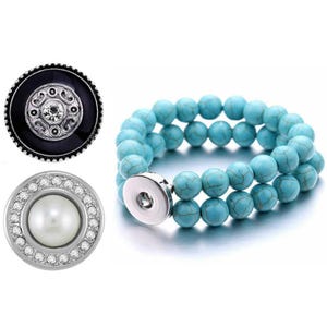 Snap Jewelry Set - 2 Snaps Charms, 1 Turquoise 6.5 inch Stretch Bead Bracelet Bundle, Fits 18MM 20MM Ginger Charm Snap Buttons