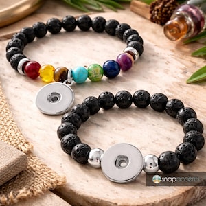 Pulseira elástica com fecho de pressão de pedra de lava, difusor de contas de chakra, aromaterapia, óleos essenciais, serve para botões de gengibre personalizáveis de 18 mm e 20 mm