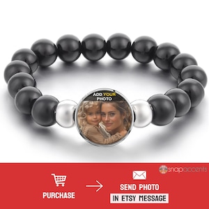 Personalized Photo Bracelet Snap Jewelry, 6.5in. Stretch Black Bead Adjustable Picture Band, Fits Custom 18MM 20MM Ginger Charm Buttons