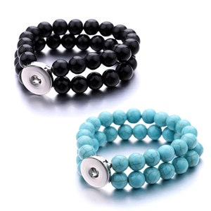 Stretch Bead Snap Jewelry Ginger Charm Bracelet, 6.5 - 7in. Adjustable Turquoise Black White Band, Fits 18MM 20MM Women&#39;s Custom Buttons