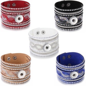 Snap Jewelry Soft Bracelet 8 1/2 Inch Wide Rhinestone Bling Adjustable Cuff Fits Women&#39;s Interchangeable 18MM 20MM Customizable Buttons