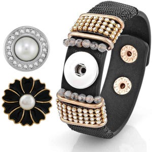 Snap Jewelry Set - 2 Snap Charms, 1 Black 8.5 in. Bracelet Bundle, Fits 18MM 20MM Ginger Charm Buttons