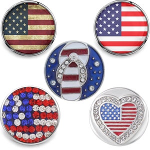 American Flag Snap Jewelry Ginger Charm, Patriotic Military USA 18MM July 4th Button, Fits Customizable Necklaces, Bracelets, Rings