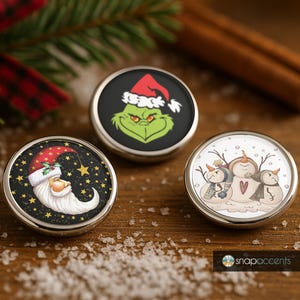 Snap Jewelry Set - 3 Christmas 18MM Ginger Charm Santa Grinch Snowman Button Bundle, Fits Snap Charm Bracelets, Necklaces, Keychains, Rings