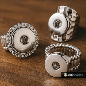 Snap Jewelry Stretch Ring, One Size Fits All, Ginger Charm Adjustable Silver Snap Ring Band, Fits Women's 18MM 20MM Custom Buttons
