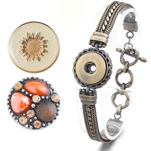 Snap Jewelry Set - 2 Brown Snap Charms, 1 Brass 9-inch Snap Bracelet Bundle, Fits 18MM 20MM Ginger Charm Buttons