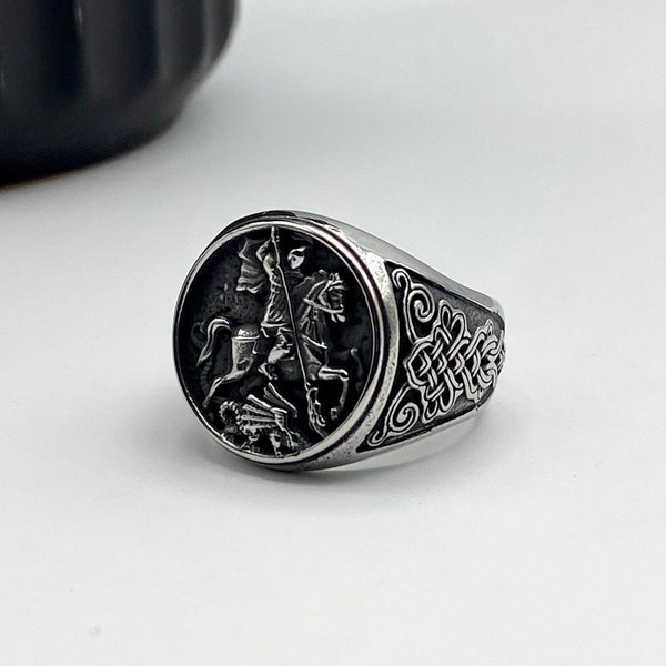 Mens Silver Knight Signet Ring - Knight In Armour Horse Ring - Patterned Art Mens Streetwear Signet Ring - Floral Roman Ring - Viking Ring