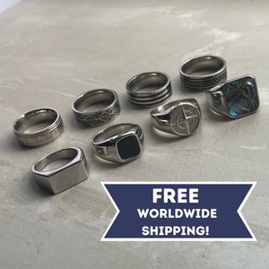 Mens Silver Rings Stainless Steel Signet Rings Rings for men Set of rings Silver Streetwear Jewellery Unisex Rings Abalone Shell zdjęcie 1