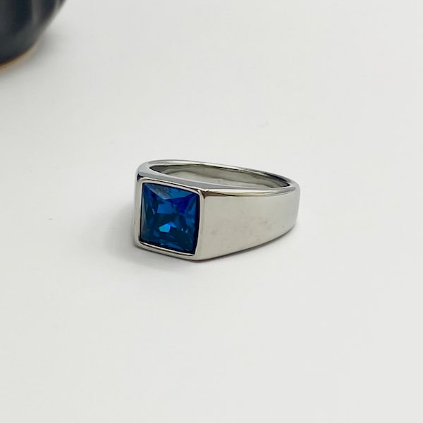 Blue Gem Steel Ring - Mens silver Stainless steel square signet ring - unisex aqua ring - brazilian stone ring - mens discreet jewellery