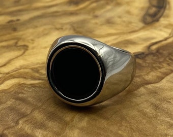 Stainless Steel Round Onyx Ring - Mens silver and black round signet ring - rings for men - unisex band ring - mens jewelry - mens jewellery