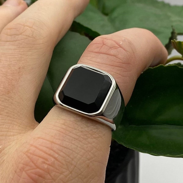 Mens Onyx Signet Ring - Mens silver and black square signet ring - Stainless Steel rings for men - unisex ring - Hexagon Onyx ring