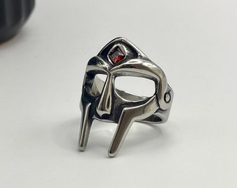 Silver MF DOOM Ring - Red Gem MFDOOM Ring in Stainless Steel- mfdoom cosplay - Villain Mask gladiator ring - rapper ring - kanye west