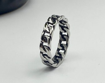 Mens Chain Ring - Zilver RVS Twisted Chained Ring - Heren zilveren band - Chain Linked Band Ring - Unisex Chain-link Ring -
