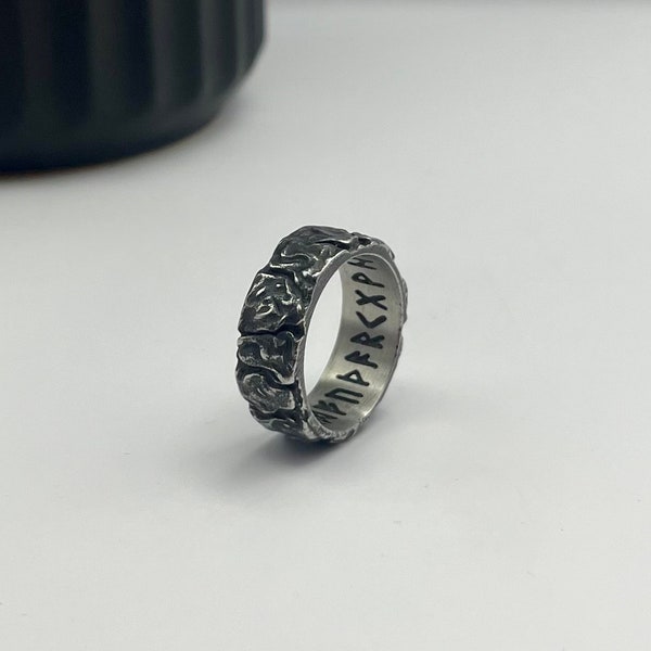 Textured Volcanic Ring - Hammered Gun Metal Band - Silver stainless steel Ring - Crusted engraved jewellery - Flattend Tree Trunk Ring