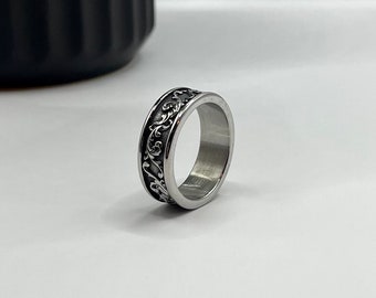 Steel Floral Pattern Ring - Mens Band Wave Pattern Ring - Geometric Style Vintage Ring - Viking style Nature Ring - brushed metal ring