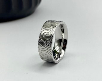 Silver Wave Pattern Ring - Retro Swirl Pattern Band - Etched Sea Pattern Ring - Mens jewellery - wave Minimal ring - Stainless Steel Ring