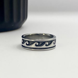 Silver Wave Band Stainless Steel Wave Pattern Ring Geometric Style Vintage Ring Male Band Ring Sea Ripple ring image 1