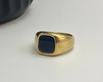 Heren vergulde Onyx Ring - Heren gouden en zwarte vierkante zegelring - ringen voor mannen - unisex bandring - heren sieraden - Roestvrij stalen ring